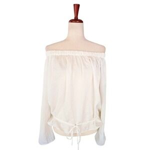 Theory Odettah Ivory Washed Poly Off the Shoulder Bell Sleeve Blouse Top M NEW